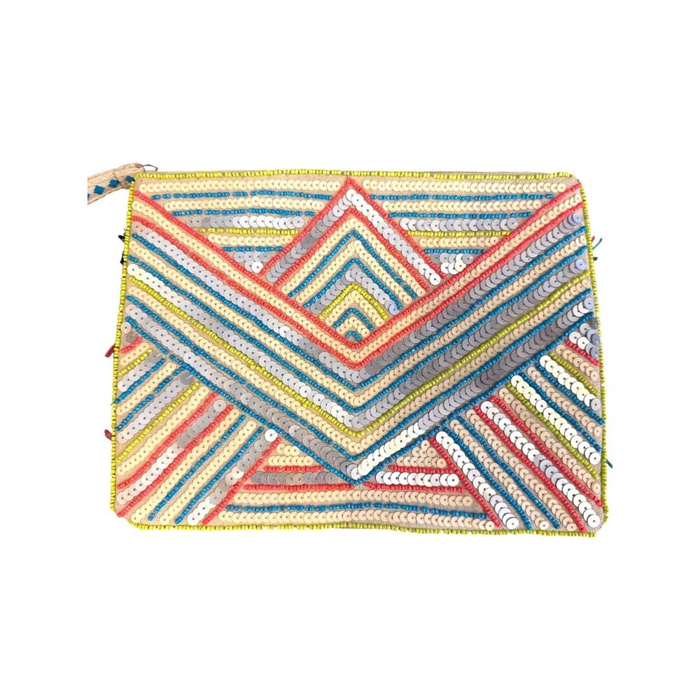 America & Beyond Boho Weekender Tote Bag Pouch Set Pom Tassel Stripe Beaded - Picture 9 of 16